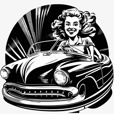 bumper car, in style of 1950`s clipart black and white