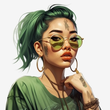 asian girl aesthetics, clipart, high detail, cool, spectacles, Large hoop earrings, green loose hair, Tattoos (dragons), long lashes, Coffin nails, Tube tops, Baggy sweatpants, Shiny lipstick, Digital Art, Color Grading, Full-HD, OpenGL-Shaders, white background
