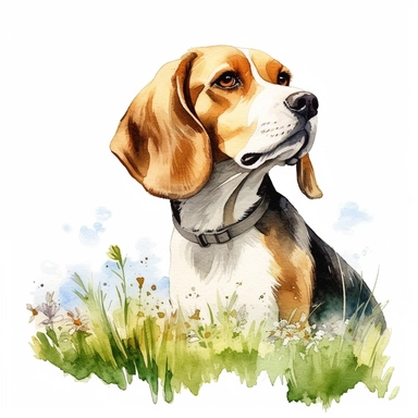 close up high detailed, Hand drawn watercolor clipart of Beagle in lush green meadow, on a pure white background for background removal, no shadow, no paint splash