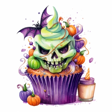 delicious Halloween cupcake with vibrant green, purple, orange, black, colours, witches hats, skulls, spiders and bats, pumpkins and candy confetti, owatercolour illustration clipart, extremely detailed, 4k, high quality, isolated on white background