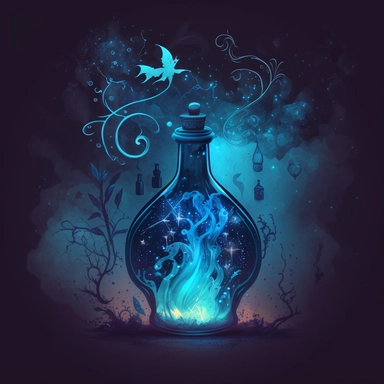 Generate a magical potion clipart with a glowing blue liquid, swirling smoke, and sparkling stars. The potion should be in a glass bottle with a cork stopper, and the label should have mystical symbols and runes on it. The overall style should be reminiscent of old alchemy illustrations, with an air of mystery and enchantment