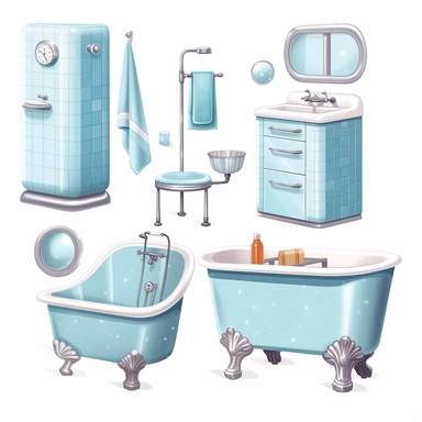 beautiful bathroom stuff, 50's style, paint art style, different poses, detail, clipart, white background, superrealistic, one of a kind