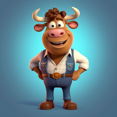Create a 3D cartoon IP character of a lovable and honest bull in a European cartoon style. The character should embody traits of diligence, selflessness, and resilience. Render the character from multiple perspectives using Clip Studio Paint, ensuring the images are in ultra-high-definition 16K resolution.--q 5