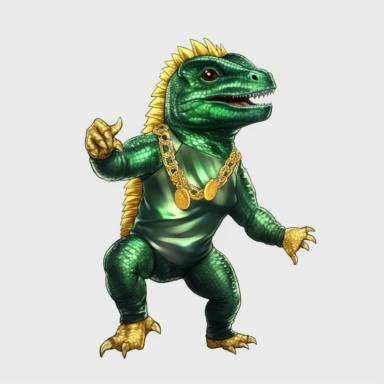 baby Godzilla, looks like Michael Jackson, doing dance steps, wearing a miami heat basketball jersey, wearing a gold pendant with a gold bitcoin on it, wearing hip hop style black satin pants and a green iridescent silk shirt, techno lighting, clipart on plain background