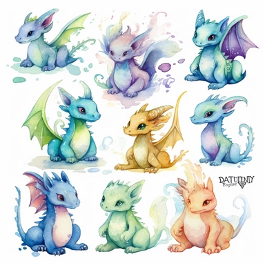Lovely watercolor set of baby dragon clipart, in different colors and positions, by walt disney, white background
