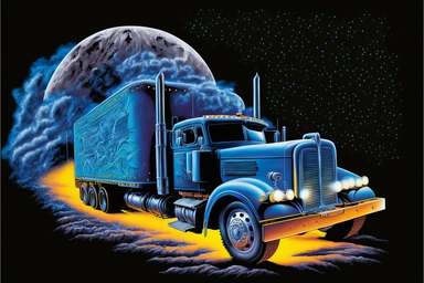 High-Definition Airbrush Clipart, a souped-up semi truck cuts a path of blistering rubber down the tarmac of Wabash Cannonball. The 'Sand Mountain Scud Hauler' is behind the wheel and hauling a load of coal tar. The flames light the night against the tarmac in the blazing-fast truck's wake. The night is blues and bananas and the storm is a-rollin' in. The Riders are on The Storm and old Smokey Bear was on his tail when it came rolling in through the wide open great plains. This is one MEAN son o