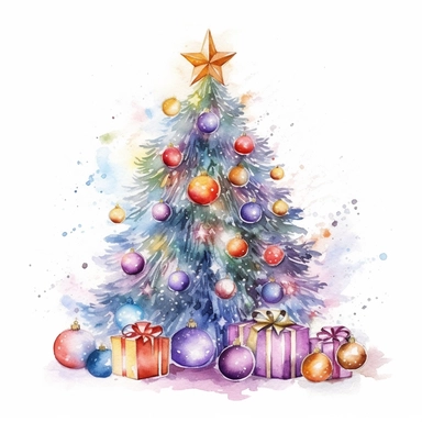 watercolor christmas tree with baubles and gifts, bright tree lights, vibrant colors, add glitter, clipart image, on a white background