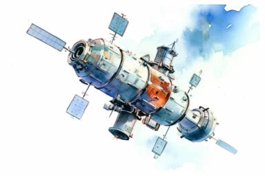 Watercolor, Create a visual representation of a satellite in a Molniya orbit, optimized for communication in high latitudes with a highly elliptical orbit clipart, hd, on a white background, spaced out