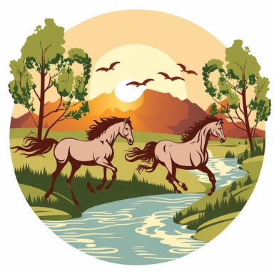 This AI-generated clipart depicts a herd of wild horses running along a river. The horses are in full gallop, their manes and tails streaming in the wind as they run. The river is surrounded by lush green landscapes, and the sun is setting in the background, creating an idyllic scene. The clipart is perfect for use in any project that wants to capture the beauty and majesty of wild horses in action.