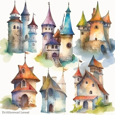 Watercolor Fantasy Castle ClipArt - Castles, Thatched Roof Houses, Carts, Single design