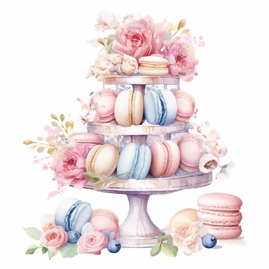Clipart, Watercolor, Blush Floral Shabby Chic Tier Candy Tray with Sweets, Macarrons, Cakes and Cupcakes, light colors, hand-draw, texture
