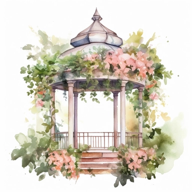 Watercolor Floral Gazebo in garden Clipart, white background
