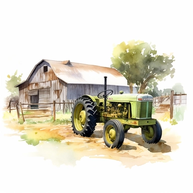 realistic watercolor drawing of a farm with rustic green tractor with yellow wheels in California, on a white background where the background will be removed to repurpose as a clipart.