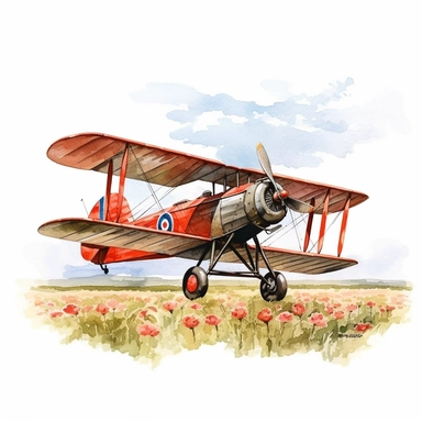 watercolour, biplane flying over poppy field, detailed, clipart, white background