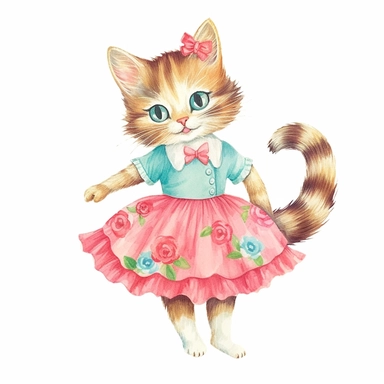 50s vintage kitsch cat illustration clipart, watercolor, Hand drawn painting, isolated on white background, watercolor illustration by katie daisy, highly detailed, white background for removing background - - no text shadow font watermark