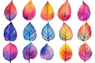 Watercolor, Create an image highlighting different venation patterns in leaves, clipart, hd, on a white background, spaced out