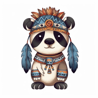 A super-cute tribal panda, Perfect for nursery art and children's book illustration style, simple, cute, full color, clipart, watercolor illustration, single object, white background for removing background