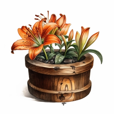 Realistic Tiger Lily flowers in a tiny wooden pot, watercolor clipart, isolated white background, high resolution, very detailed, 32k