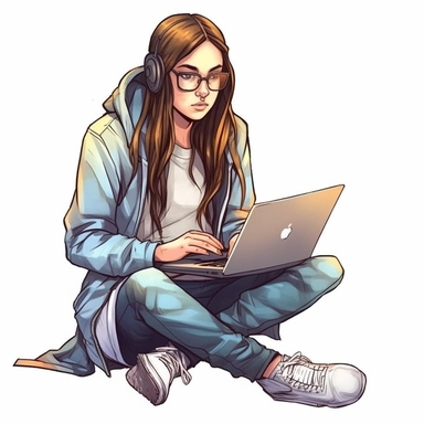 girl working on a laptop, cool hacker clothes, long hair, glasses, watercolor style, clipart solid white background