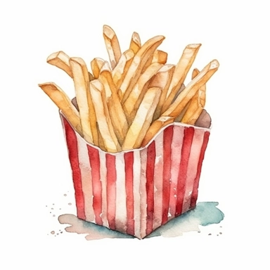 watercolor bight and cold colors fast food french fries in red fries box mac donald's clipart set isolated in white background