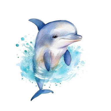 a colorful baby dolphin with kind eyes clipart with watercolor illustration,full body shot,8k,etsy style, white background