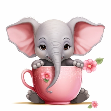 cute baby elephant with a smile on its face, soft color, HD, cartoon image, flowers on white background, glowing eyes, sitting in a cup Clipart,Cartoon, hyper realistic, intricate detail, illustration style,high solution,on the white background