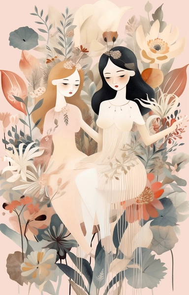 colorful clipart image of illustrations including girls in dresses seated, in the style of soft, muted color palette, ethereal foliage, dark white and pink, folkloric themes, high quality photo, mural painting, moyoco anno