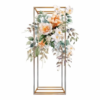 watercolour beautiful realistic white real floral wedding flower spray on gold rectangle tall frame stand realistic elegant wedding floral display stand with white glitter wedding flowers ,clip art graphics , PNG image,transparent background ,ultra highly detailed, 18k, sharp focus, bright photo with vibrant colours, digitally enhanced,photographic, enhanced graphics, png format, straight, sharp focus, bright lighting, intricate detailed png image ,high definition,300dpi,graphic clipart,computer
