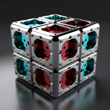 3d model of steampank chrome cube, silver+turquoise+red , clipart, black background