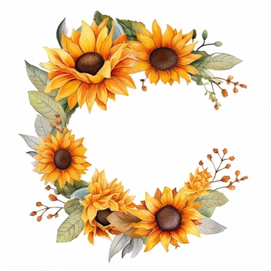 Watercolor Sunflowers Clipart round frame with inside white background, fall sunflower floral bouquets, white background
