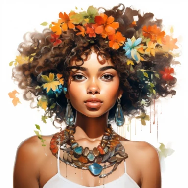 Illustrate a watercolor clipart portrait of an african young Black girl wearing a statement collar necklace made of intricately painted flowers clipart, white background