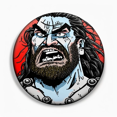 orc god-king caricature Jason Momoa, Dungeons & Dragons Mad Max Game of Thrones, handpainted enamel, clipart illustration, circle white background, circular jagged powerful border