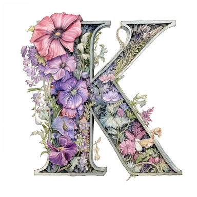 Beautiful Pastel Vintage Flower Alphabet Letter  K  Watercolor and ink Clipart, Cartoon, hyper-realistic, high contrast, intricate detail, illustration style, high solution on the white background