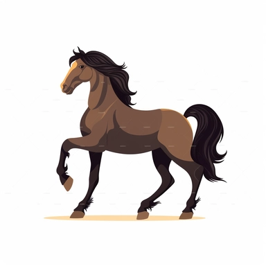 Clip Art, 2d, Flat Vector, DARK BROWN ARABIAN Breed Horse With BLACK Extremely long thick Mane LOGO on White Background, NO TEXT, NO WATERMARK,