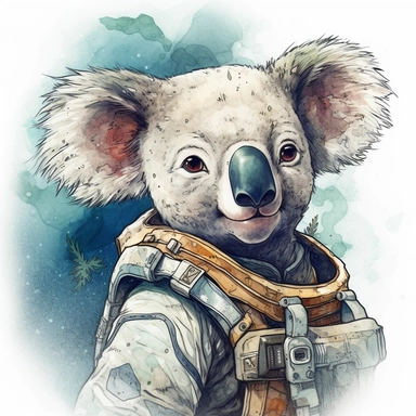 Very cool smiling koala bear space explorer character, extremely detailed, sharp focus, smooth, digital illustration, clip art, watercolour