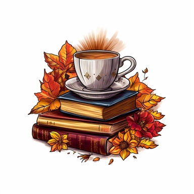 hand drawn png clip art color art of coffee cup on books with fall leaves and flowers