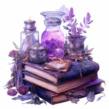 Spellbook, in the style of light silver and violet, mysterious and dreamlike scenes, realistic painted still lifes, vibrant watercolors, dreamlike installations, witchy academia, contest winner, watercolor clipart