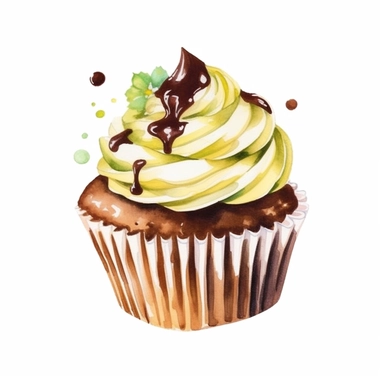 Design a clipart image of an chocolate cupcake in a watercolor style, with chocolate decoration and a topping. You can also add some colorful candy or chocolate chips to make it more attractive. You can add white flowers and green leaves to the design.