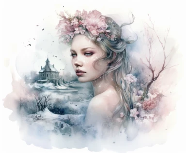 isolated on white illustration watercolor Biochromism art of a beautiful feminine princess, white and light pink roses and flowers, covered with snow and ice, a lot of moss and branches, old house, trees, lace and embroidery, masterpiece by Tomasz Alen Kopera style and by Carl Holsoe style and by Hannah Dale style and by Alexander Jansson style, PNG clipart, isolated on white, white background, extreme photorealistic details, 32k HD resolution, realistic high detailization high resolution