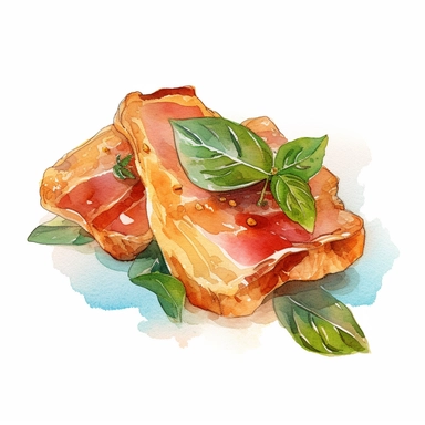Saltimbocca alla Romana: Veal or chicken cutlets with prosciutto and sage, watercolor clipart illustration, flat blank transparent background, food photography, soft cinematic lights, juicy, bright, high quality, ultra detailed, 32k