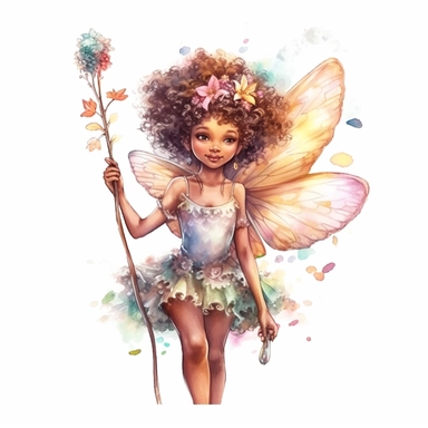 beautiful and friendly watercolor and colorful fantasy afroamerican fairy clipart, half-body, hd 4k, detailed, focused, realistic,holding a pixie wand, isolated on white background