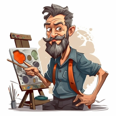 Create a humorous and modern clipart cartoon featuring a middle-aged artist who is both a seller of digital and traditional art. Design the character in a contemporary style that combines digital art techniques with classic charm, making them both relatable and entertaining.