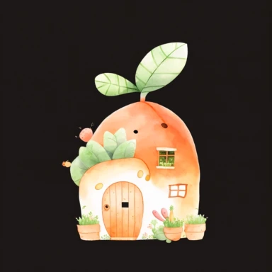 , a cute carrot house illustration clipart, minimal, watercolor style, orange pastel, on white background, by connieartwork, 8k, high resolution