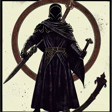 medieval character concept, black cloaked mercenary wielding a two handed sword, representing death, png, png cut out, dark blacks, intricate detail, symmetrical design clipart,