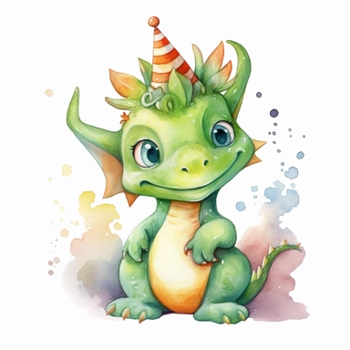 watercolor cute dragon clipart, adorable, big eyes, japan anime style, green, smiling, wearing party hat, one tail only, on white background