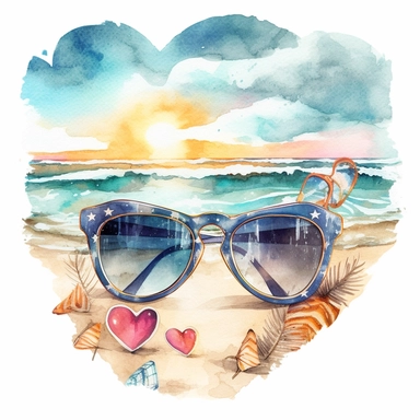 Retro Beach, Beach Heart, Sunshine, Watercolor beach heart clipart, hd, on white background, spaced out ar 3:2-- s1000