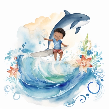 watercolour, adorable, me and the Sea: features an adorable little polynesian boy surfing with dolphins. He is 4 years old, The positive affirmation could be I am confident in my ability to explore the world around me, clipart style