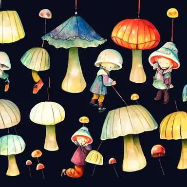 children in autumn clothes on a lantern parade, toadstools, waldorf, martinmas, chalk, watercolor, clipart, white background, cartoon