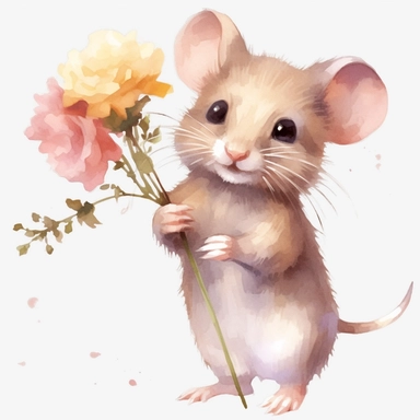 realistic clear watercolor of a cute mouse holding a flower clipart