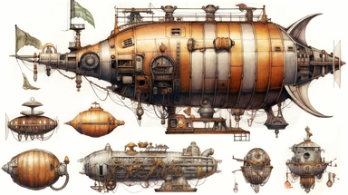 steampunk airship, clipart, white background, watercolor, hyperrealism, high detail, separate elements, set